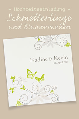 Weiße Hochzeitseinladungen mit grünen Akzenten und Schmetterlingen, sowie grauen Blumenranken.