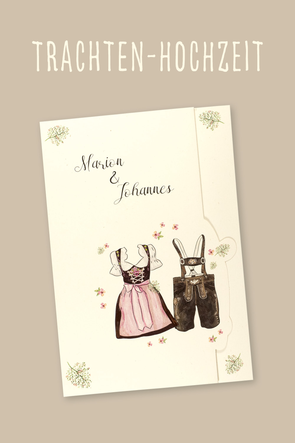Originelle Einladungen zur Trachtenhochzeit mit Dirndl und Lederhose.