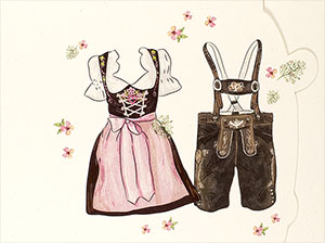 Vergrößerte Abbildung Dirndl, Lederhose und Formstanzung.