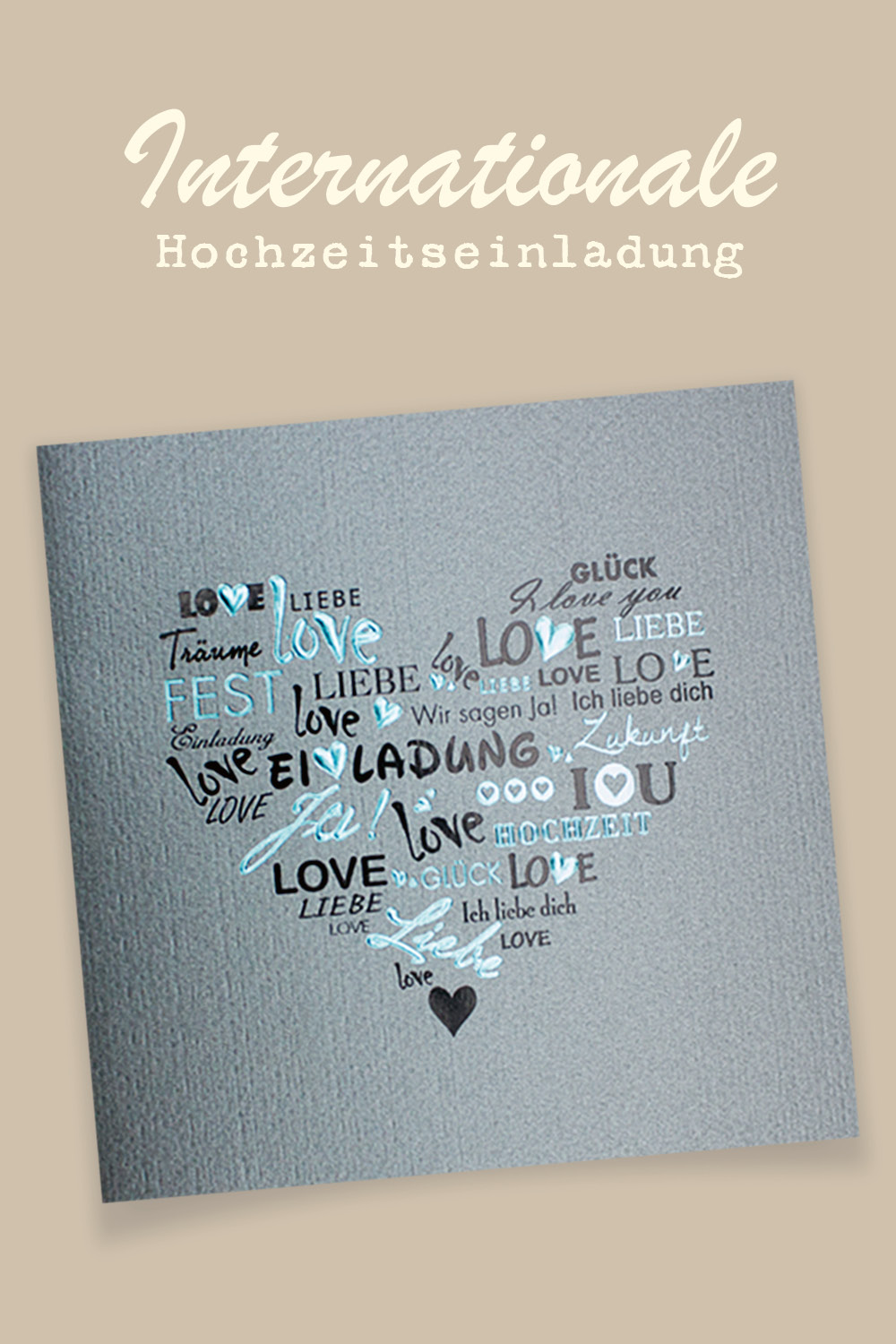 Deutsch-englische Hochzeitseinladungen, türkis, silber