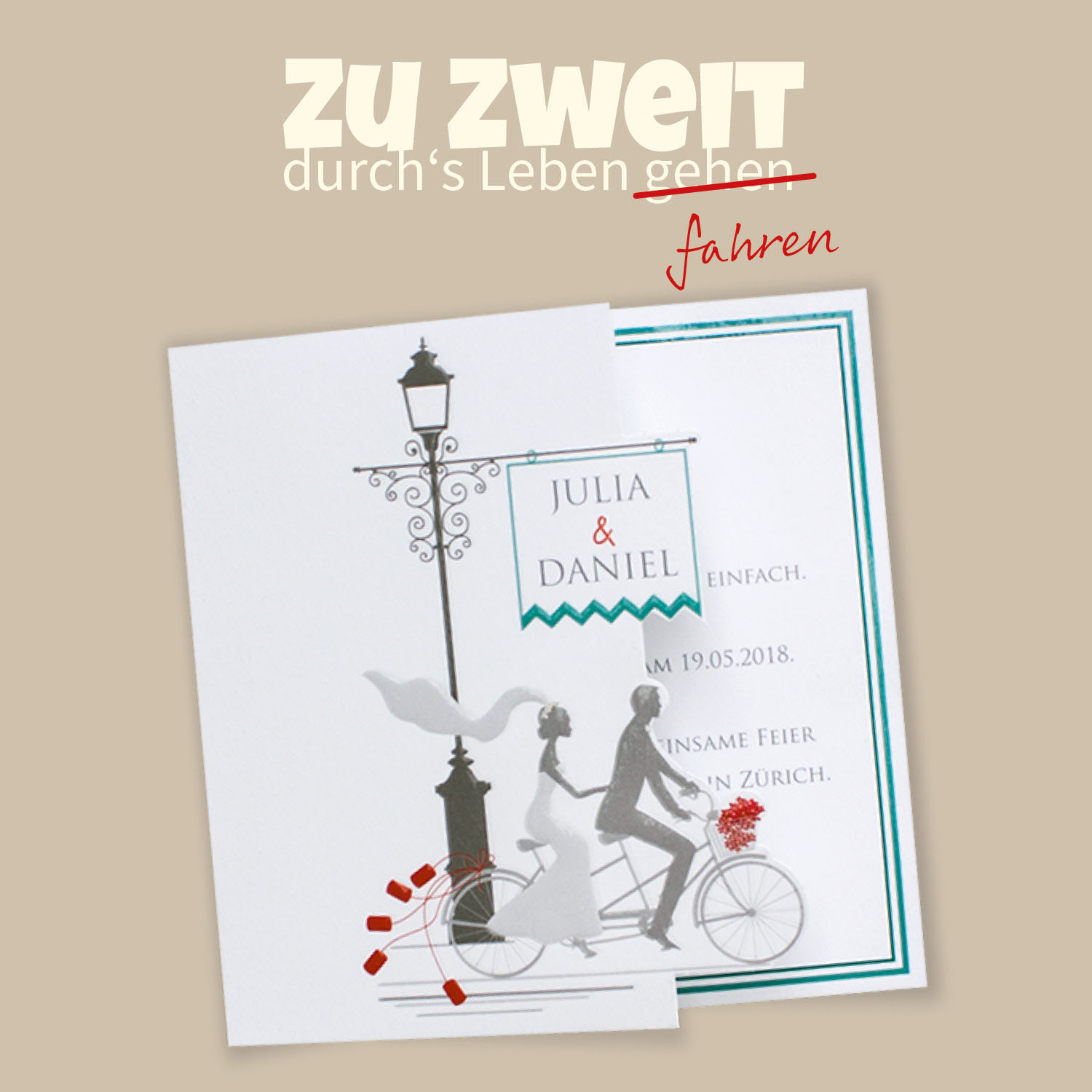 Brautpaar mit Tandem – vergrößerte Abbildung Brautpaar mit Tandem - Hochzeitseinladungen