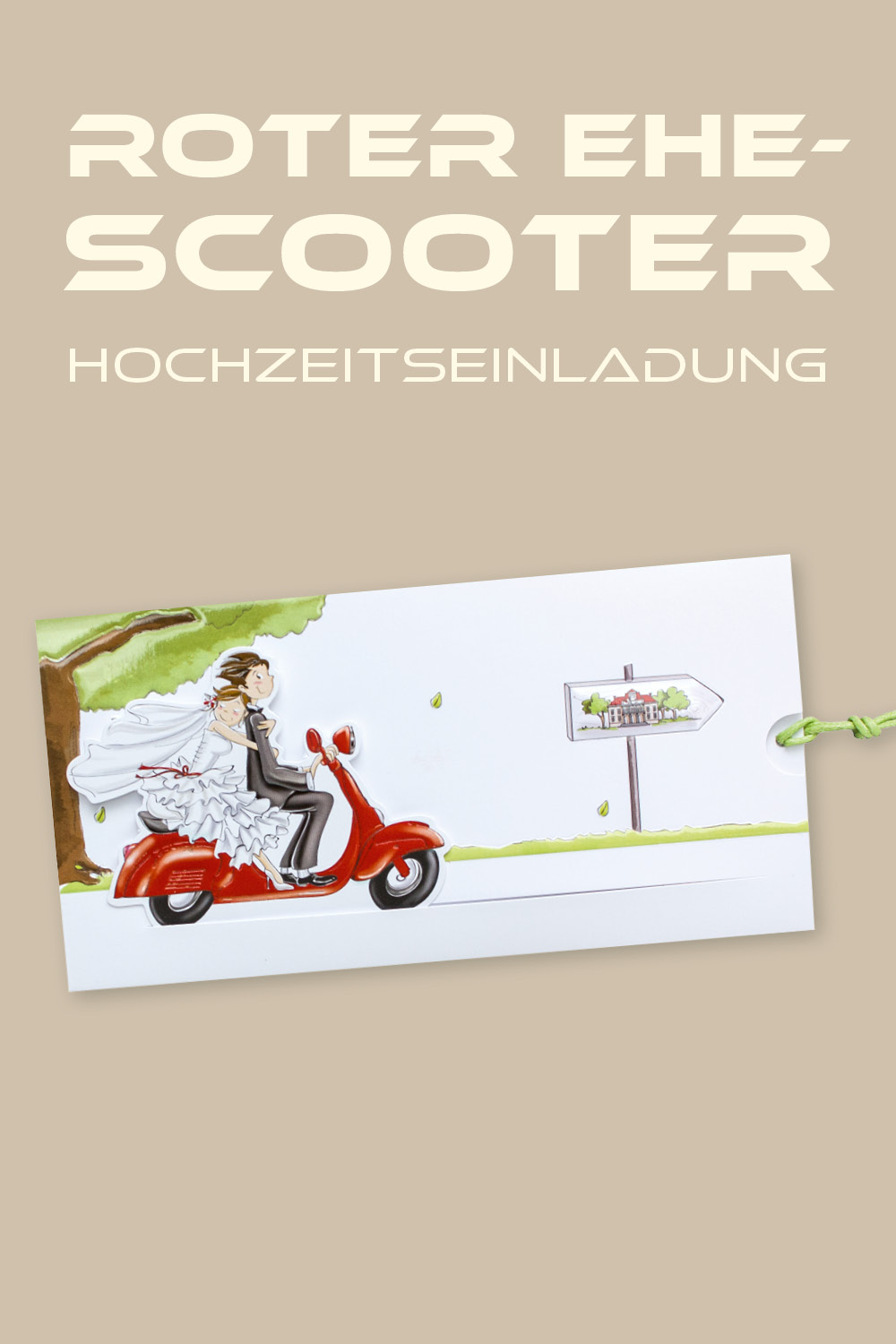 Ein glückliches Brautpaar braust auf einem Motorroller ins Glück. Eine Einladungskarte im Cartoon-Style