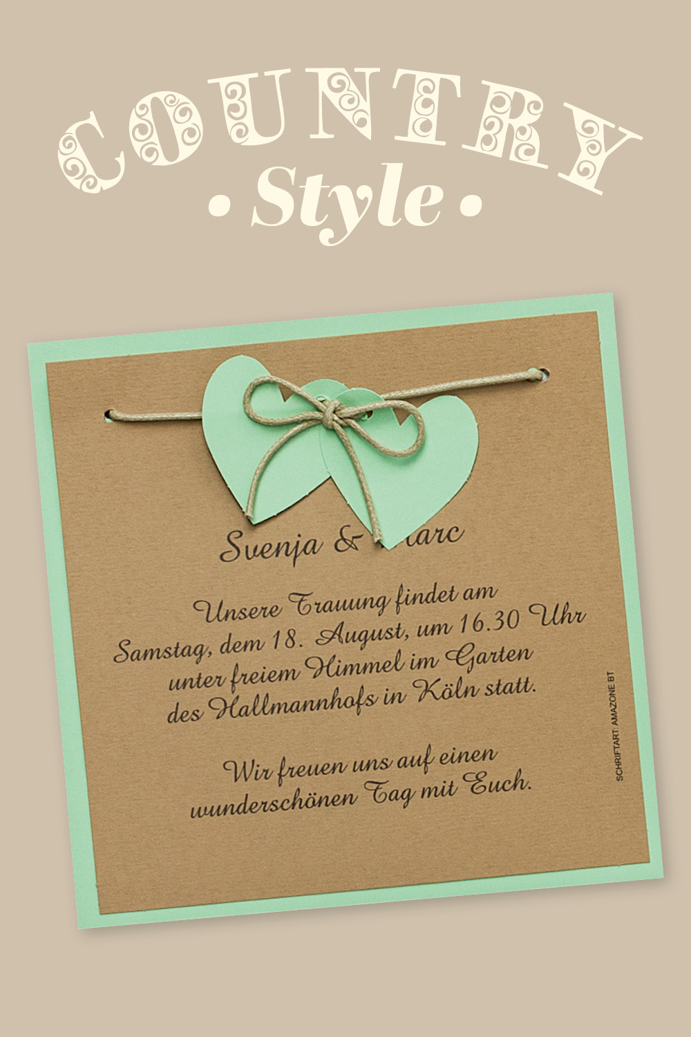 Hochzeitseinladungen im Country-Style. Grüner Naturkarton kombiniert mit braunem Kraftkarton.